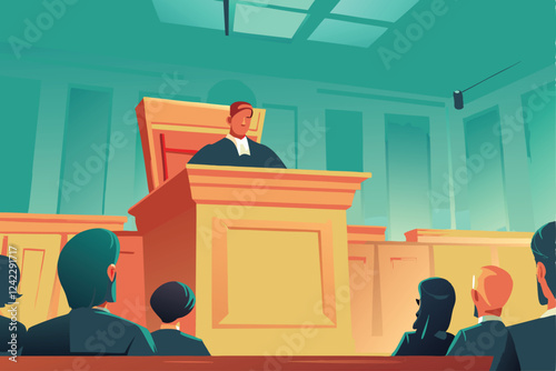 A stern judge in a formal courtroom, gavel in hand, solemnly delivers a verdict, impacting defendant's fate.