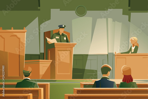 A police officer meticulously presents crucial forensic evidence in a courtroom, highlighting key details for the jury.