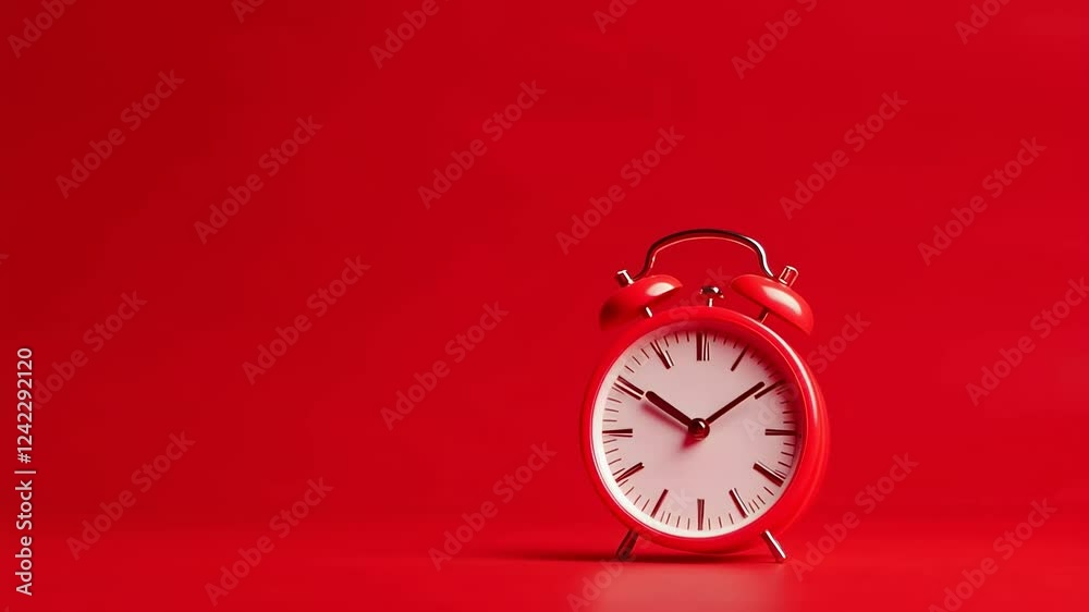 Red alarm clock with lightning effect on vibrant red background. Time management concept for New Year's resolutions, deadlines, and productivity, social media and advertisements.