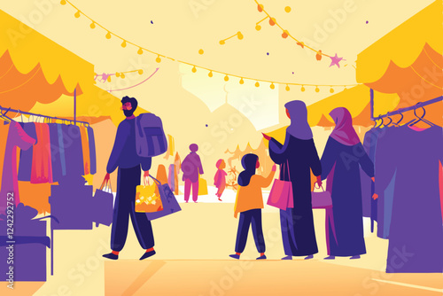 A bustling Eid market scene; people haggling playfully over vibrant textiles and sweets.  Capture the joyous atmosphere and energy of the festival.