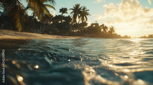Serene Tropical Beach Sunrise with Gentle Waves and Palm Trees
