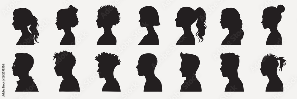 Silhouette profiles diverse hairstyles collection isolated element vector Silhouette profiles diverse hairstyles collection isolated element vector