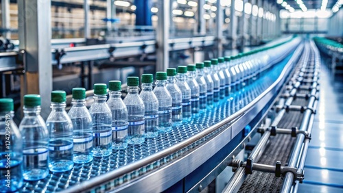 Conveyor Belt Water Bottles in Production Line - Industrial Manufacturing Process, Bottled Water, Factory Automation, Assembly Line, Supply Chain,
