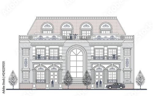 Facade of 3 storeys symmetrical modern classic building with 2 doors, 15 windows, 6 columns, balustrade, frames, decoration, stairs, balcony, crowns, canopy, trapezoidal roof and its elements design.