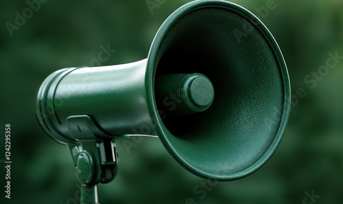Green megaphone shouts to greenery. Announcement, communication concept. Stock photo
