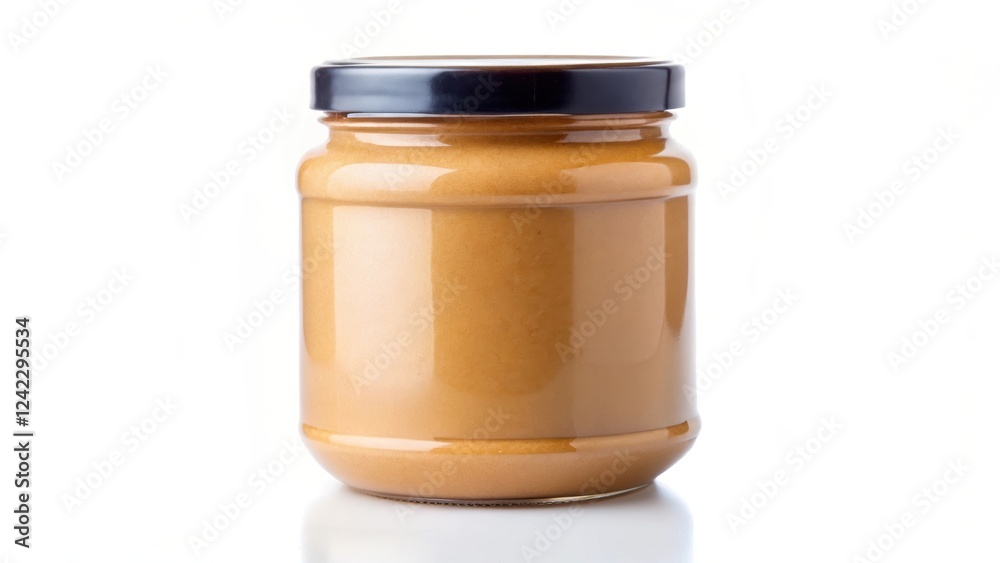 Peanut butter jar with a label on a plain white background, peanut butter, jar, isolated, white background, food, spread Peanut butter jar with a label on a plain white background, peanut butter, jar, isolated, white background, food, spread