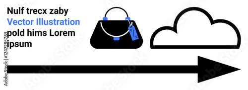 Black purse with tags next to a cloud and arrow pointing forward. Ideal for fashion, e-commerce, travel, minimal design, branding, navigation, promotions. Flat landing page banner