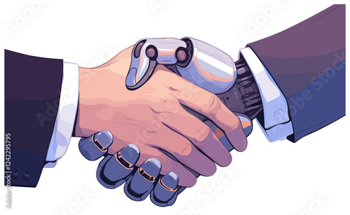Robot and businessman handshake. Artificial intelligence business future cooperation concept, chatbot service vector illustration
