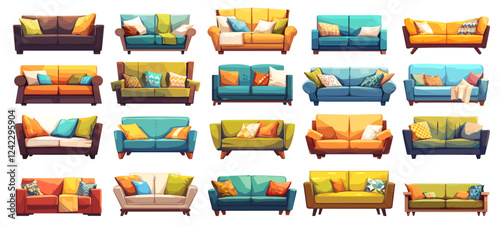 Cartoon modern sofa set. Comfortable couch with cushions, pillows and blanket. Interior living room furniture vector illustration