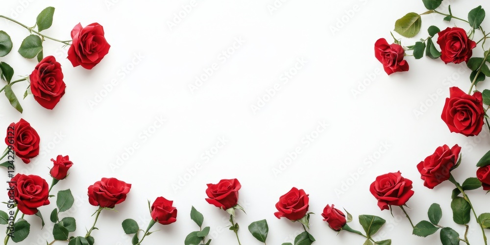 Red roses frame, white background, floral design, greeting card Red roses frame, white background, floral design, greeting card