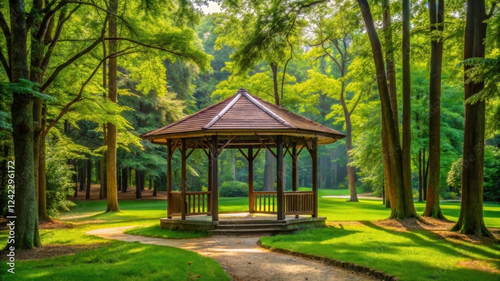 Pavilion surrounded by dense green forest in a tranquil park setting, pavilion, lush greenery, trees, forest, nature Pavilion surrounded by dense green forest in a tranquil park setting, pavilion, lush greenery, trees, forest, nature