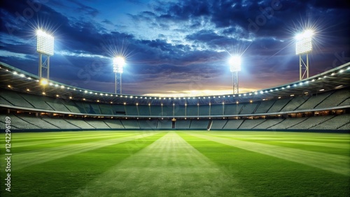 Stadium night cricket field with brightly lit floodlights for a match ,  sports, cricket, field, stadium, night, floodlights