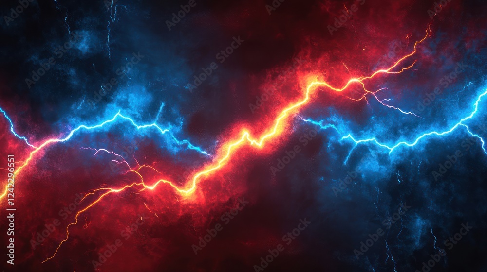 Abstract red and blue lightning clashing in dark stormy sky. Abstract red and blue lightning clashing in dark stormy sky.