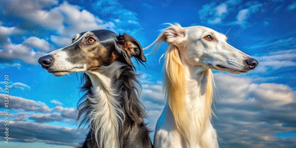 Elegant Portrait of Two Russian Greyhounds in a Blue Sky - Stunning Canine Companions, White and Black Coat Variations, Panoramic Photography, Graceful and Majestic Dogs Elegant Portrait of Two Russian Greyhounds in a Blue Sky - Stunning Canine Companions, White and Black Coat Variations, Panoramic Photography, Graceful and Majestic Dogs