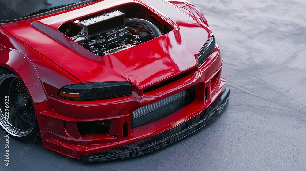 Naklejka premium Close-Up Front Corner View of a Modified Red Sports Car with Tuner
