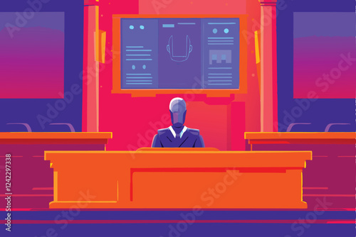 A futuristic courtroom scene featuring a robotic judge presiding over a trial, with digital displays and AI-powered evidence presentation.