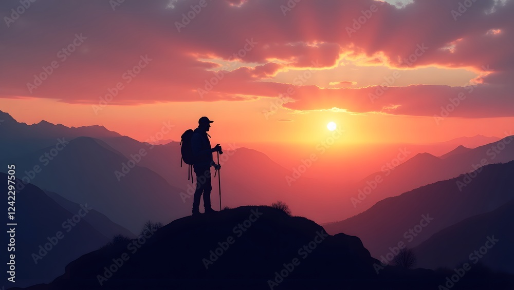 Mountaintop Sunset Silhouette: A lone hiker silhouetted against a breathtaking sunset over a majestic mountain range, symbolizing adventure, perseverance, and the beauty of nature. Mountaintop Sunset Silhouette: A lone hiker silhouetted against a breathtaking sunset over a majestic mountain range, symbolizing adventure, perseverance, and the beauty of nature.