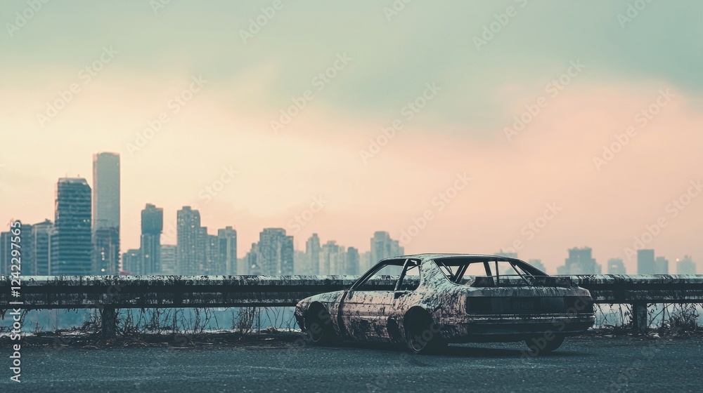 Fototapeta premium Stripped Car Against City Skyline with High Contrast Atmosphere