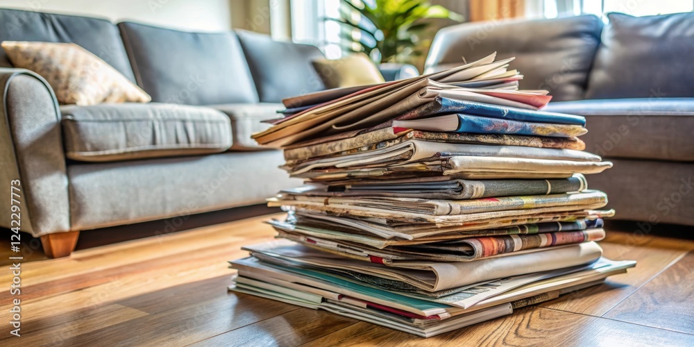 Obraz premium Pile of various magazines stacked up in a messy living room corner, magazines, home, clutter, reading, leisure
