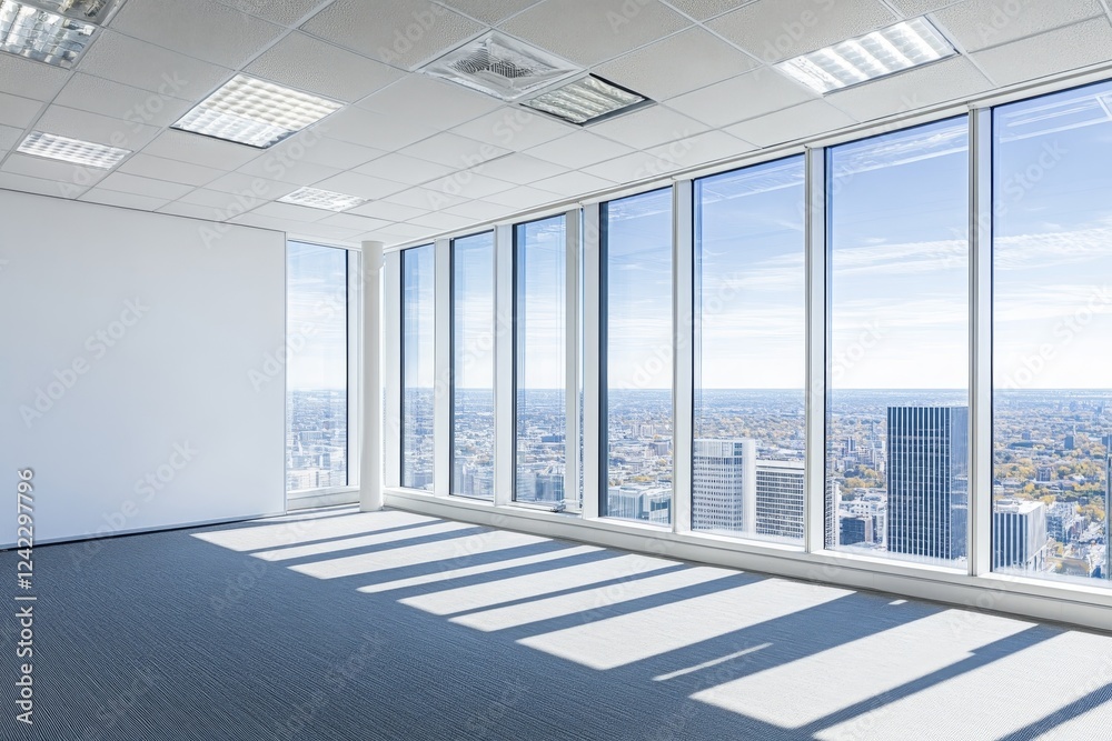 Fototapeta premium Empty modern office with panoramic city view. (1)