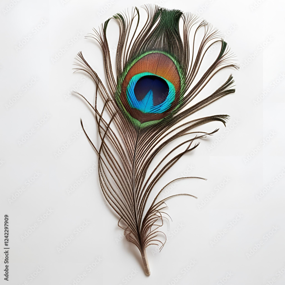 Fototapeta premium A striking peacock feather with vibrant blue and green hues, showcasing its intricate patterns and elegant form, perfect for nature-inspired decor.