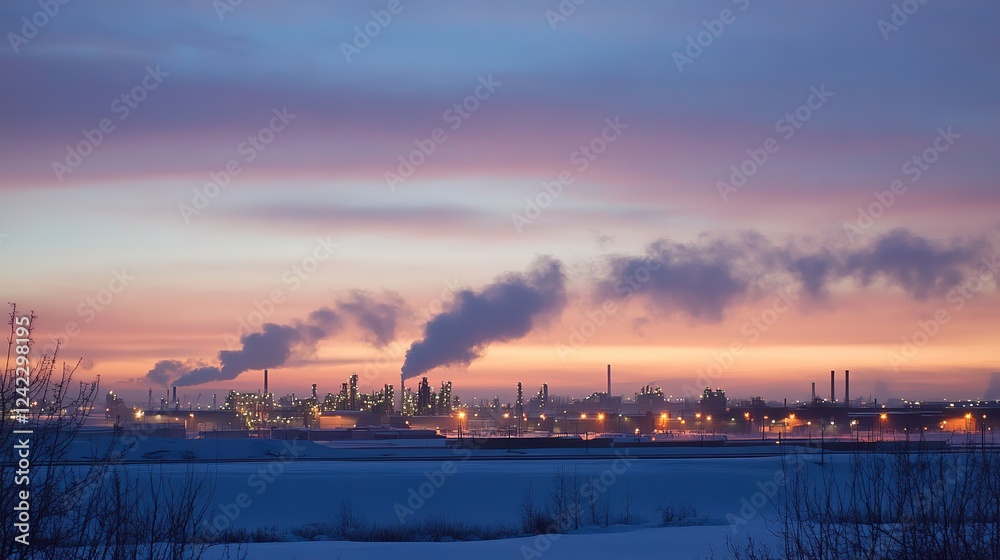 Fototapeta premium Industrial Refinery at Dusk with Illuminated Towers and Vapor Emissions