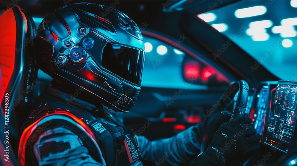 Futuristic Driver in Racing Helmet Inside High-Tech Vehicle Interior Futuristic Driver in Racing Helmet Inside High-Tech Vehicle Interior