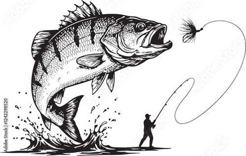 An Intricate Black and White Illustration Depicting a Fisherman Casting a Line Towards a Large Fish Leaping Out of the Water with an Aggressive Expression, While a Lure Floats in the Air Above