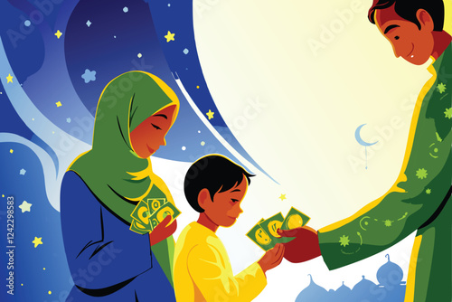 A heartwarming illustration of a Muslim mother and father giving Eidiya (gift money) to their happy children on Eid al-Fitr.  Focus on joyful expressions and festive attire.