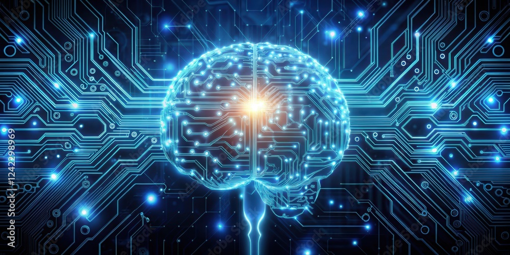 Futuristic concept of artificial intelligence technology with digital brain and glowing circuit patterns Futuristic concept of artificial intelligence technology with digital brain and glowing circuit patterns