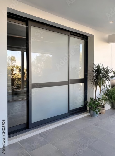 Sliding glass patio door, modern home, outdoor view photo