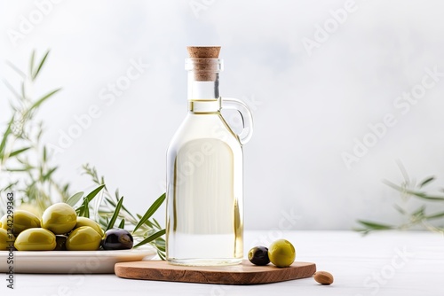 Mockup of an oil and vinegar bottle on a white wooden background with spices olives and an empty label for your design