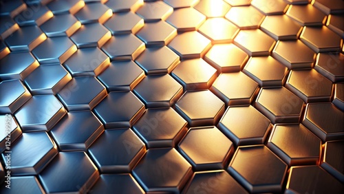 Hexagonal abstract metal background with soft light shining through, creating a futuristic and sleek design, hexagon, abstract