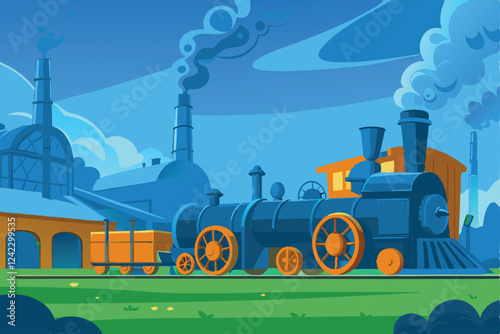 A detailed depiction of a bustling 19th-century industrial factory, billowing steam, showcasing machinery, workers, and the grime of the Industrial Revolution era.