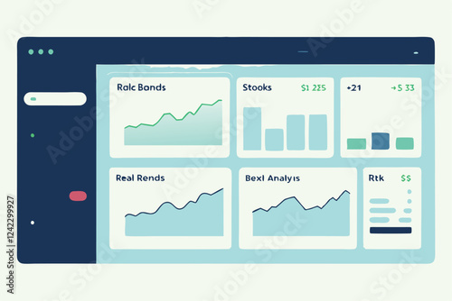 Design a visually appealing investment portfolio dashboard showcasing diversified assets, including stocks, bonds, and real estate, with clear performance metrics and charts.