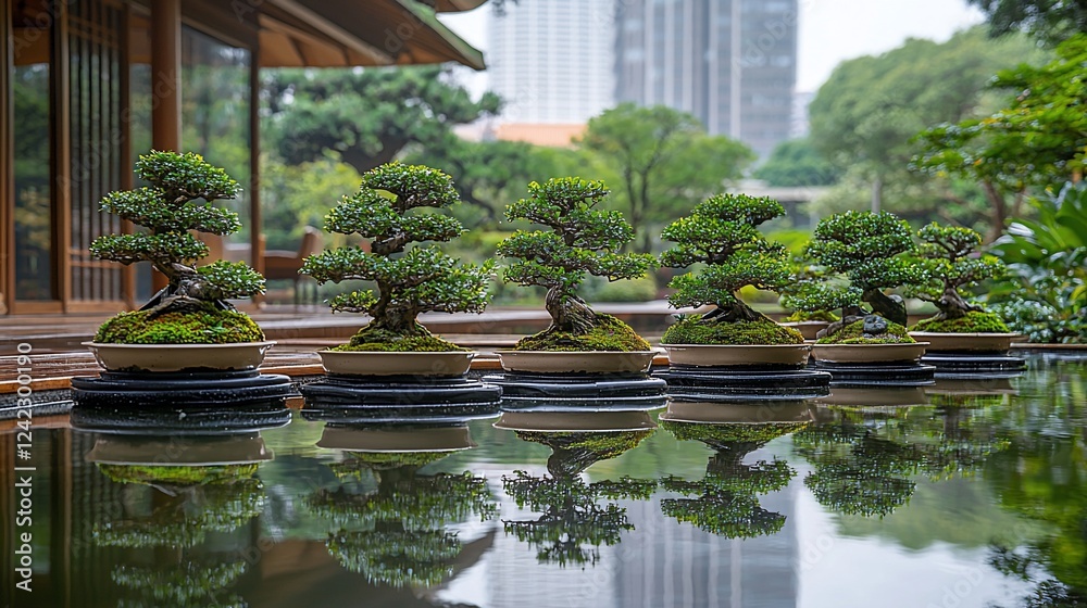 Tranquil bonsai garden with reflections in a serene pond, showcasing lush greenery and modern architecture