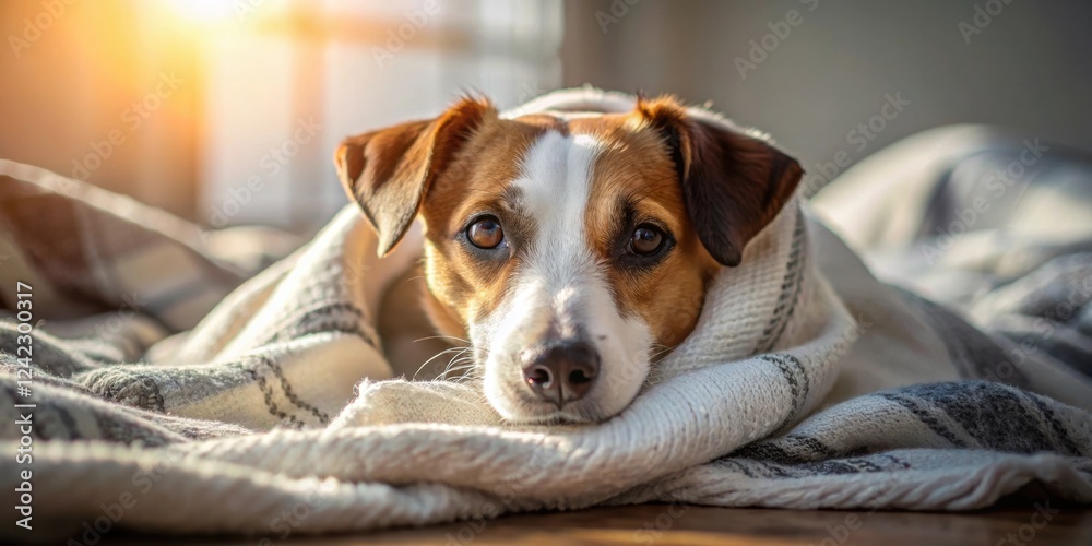Cute Jack Russell dog napping on a bed in sunlight, snuggled under blanket, Jack Russell terrier, small dog, pet, resting Cute Jack Russell dog napping on a bed in sunlight, snuggled under blanket, Jack Russell terrier, small dog, pet, resting