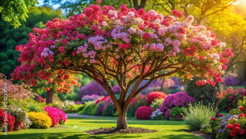 Floral tree with vibrant blooms in full bloom in a garden setting, Flowers, blooming, garden, plant, tree, nature, floral