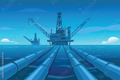 A colossal offshore oil rig dominates a vast, turbulent ocean; dramatic waves crash against its massive structure.
