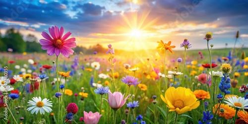 Vibrant spring wildflowers in a beautiful meadow ,  vibrant, spring, wildflowers, meadow, colorful, bright
