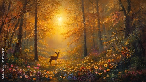 forest landscape bathed in golden sunset light. The treetops glow with warm hues, while the forest floor is dotted with colorful wildflowers. A gentle breeze rustles the leaves, and a deer stands  photo