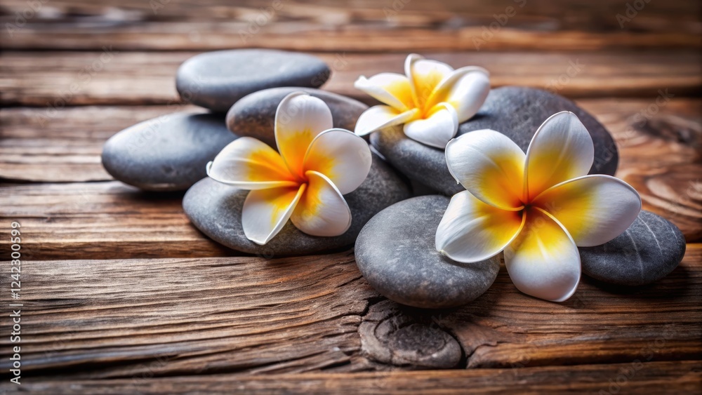 Close up of spa stones with frangipani flowers on a wooden surface, spa, stones, frangipani, flowers, close up Close up of spa stones with frangipani flowers on a wooden surface, spa, stones, frangipani, flowers, close up