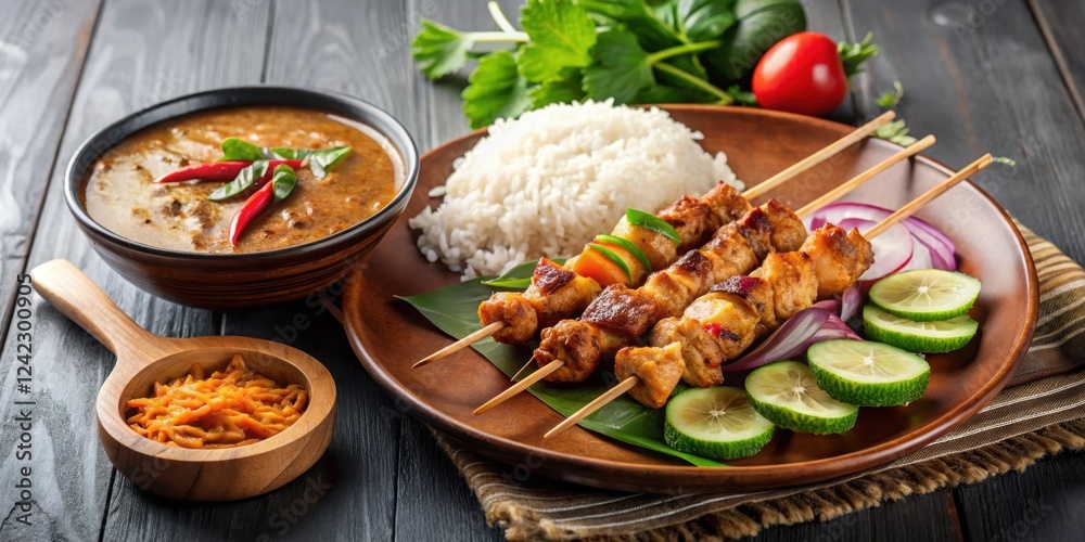Traditional Indonesian satay dish on skewers with peanut sauce, served with rice and vegetables
