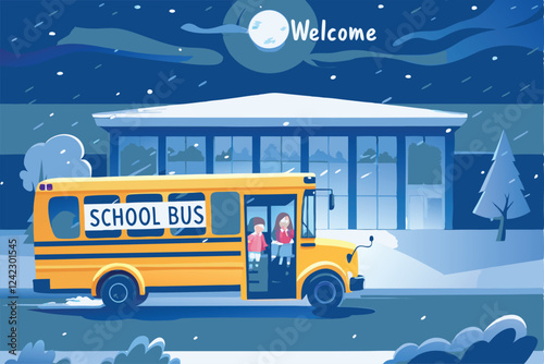 A yellow school bus pulls up to a modern school building, children exiting.  (1) indicates a specific bus.