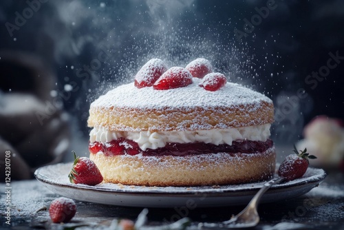 Victoria sponge cake, strawberries, powdered sugar, rustic setting, food photography