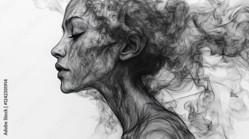 Fototapeta premium Woman's profile with smoke effect on white background. Mind, creativity concept