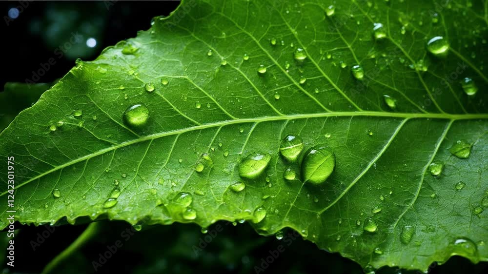 Macro Shot of a Leaf with Water Droplets. Nature's Elegance and Freshness. For Health and Wellness Brands. For Environmental Campaigns and Editorial Use Macro Shot of a Leaf with Water Droplets. Nature's Elegance and Freshness. For Health and Wellness Brands. For Environmental Campaigns and Editorial Use