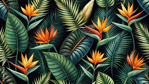 Seamless tropical leaves and bird of paradise pattern on black background, tropical, leaves, bird of paradise, seamless