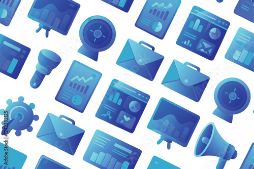 Create a vibrant, seamless pattern featuring diverse digital marketing icons, including SEO, email, social media, analytics, and mobile.  Style should be modern and flat.