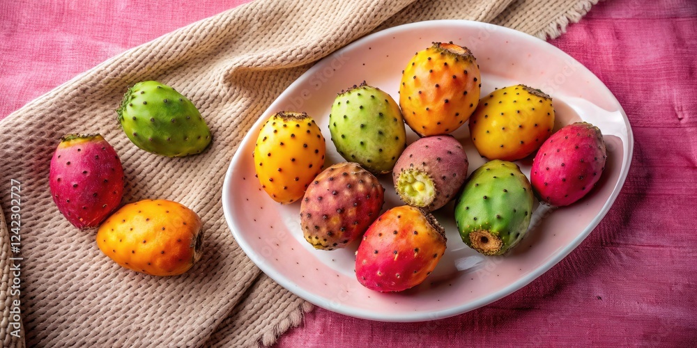 Low Light Photography of Prickly Pears on a Plate with Pink Picnic Cloth Background - Aesthetic Fruit Arrangement for Food Photography, Still Life, and Culinary Inspiration Low Light Photography of Prickly Pears on a Plate with Pink Picnic Cloth Background - Aesthetic Fruit Arrangement for Food Photography, Still Life, and Culinary Inspiration